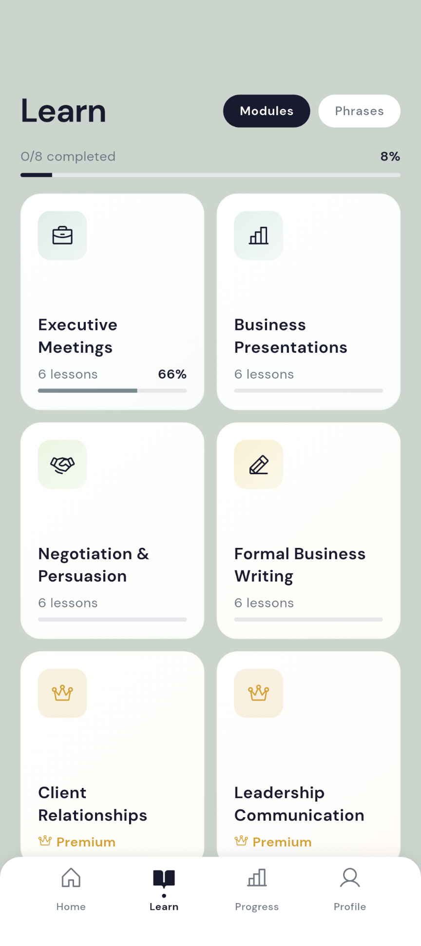 Verbloom Learn screen